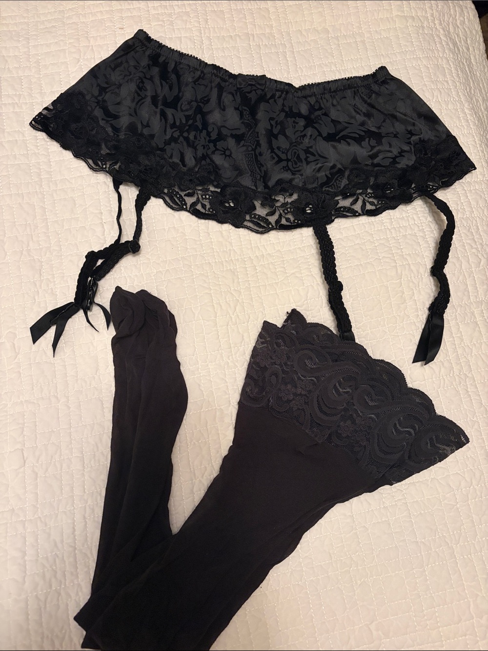 Victoria's Secret Black l Lace Garter Belt with Lace-Top Stockings